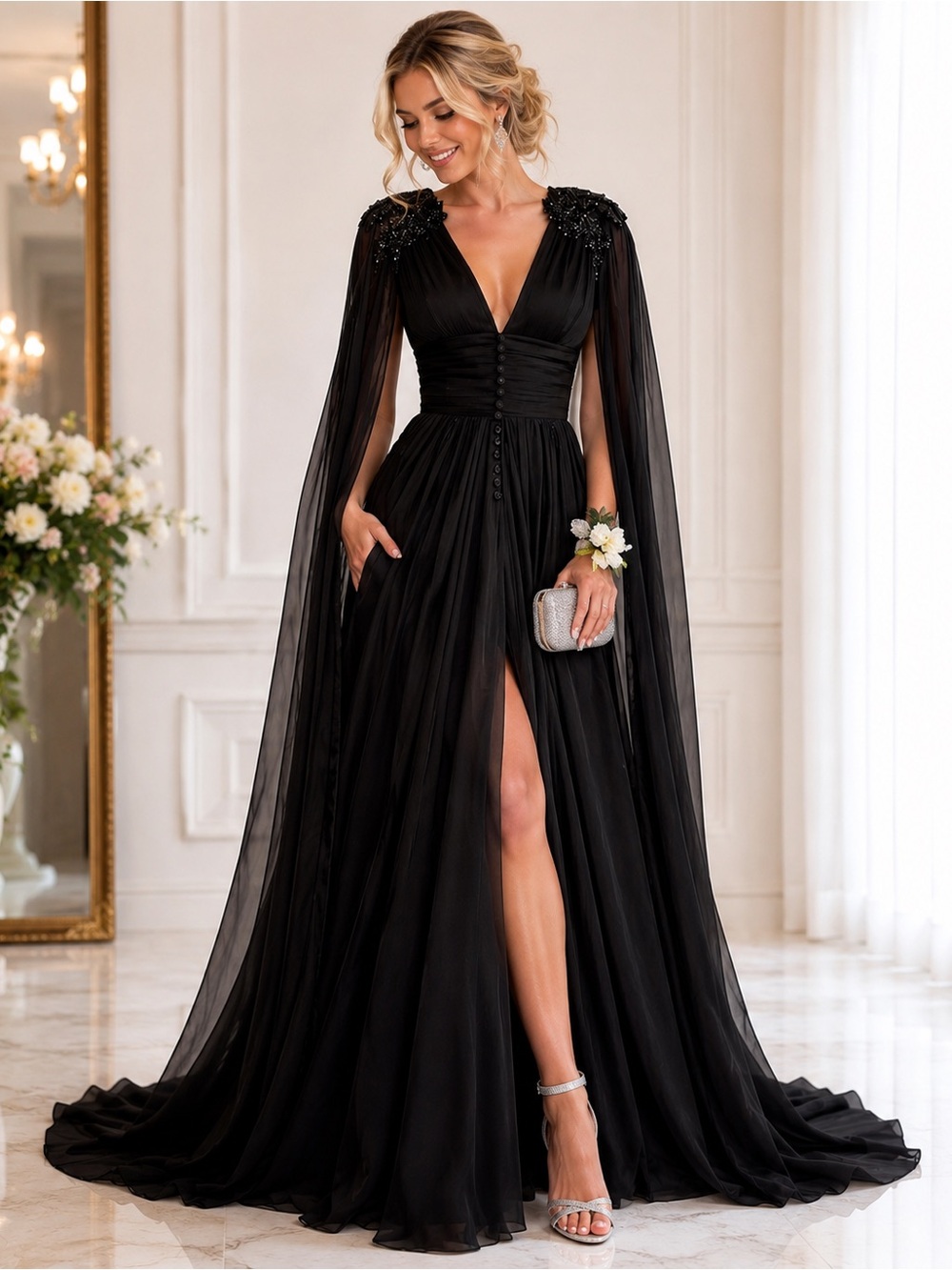 Tulle Long Prom Dresses with Cape A Line Lace Applique Formal Gowns